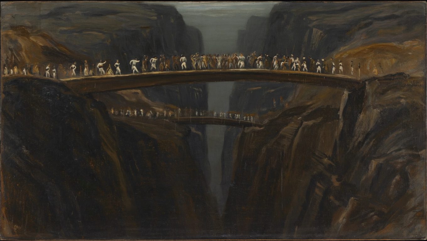 two bridges spanning a dark chasm, one long and gently sloping and crowded with people, the other short and almost vertical and completely empty