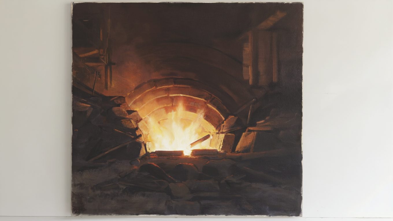 the open mouth of an enormous furnace roaring in a dark foundry, with one small bar of metal emerging from it