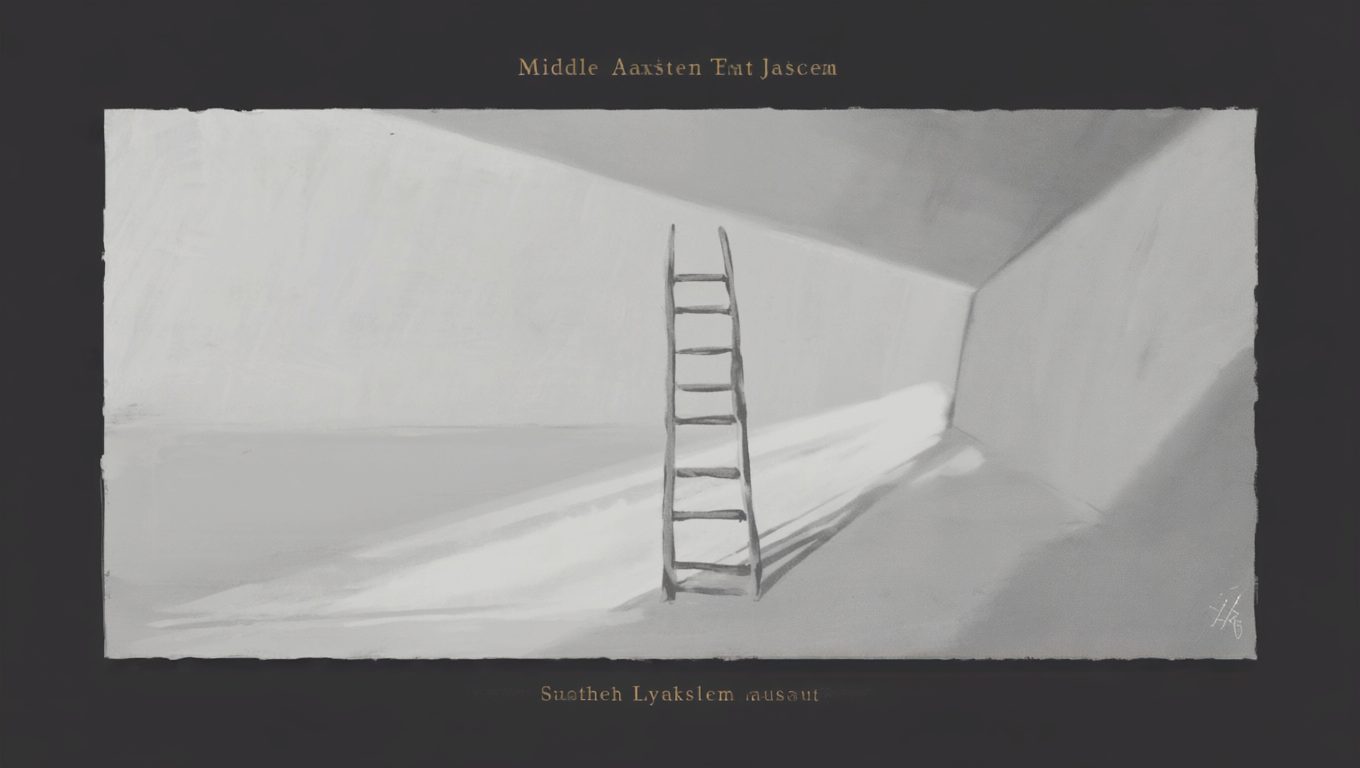 a ladder of only four rungs standing alone in a dark room, the lowest rung polished smooth and the top one thick with dust