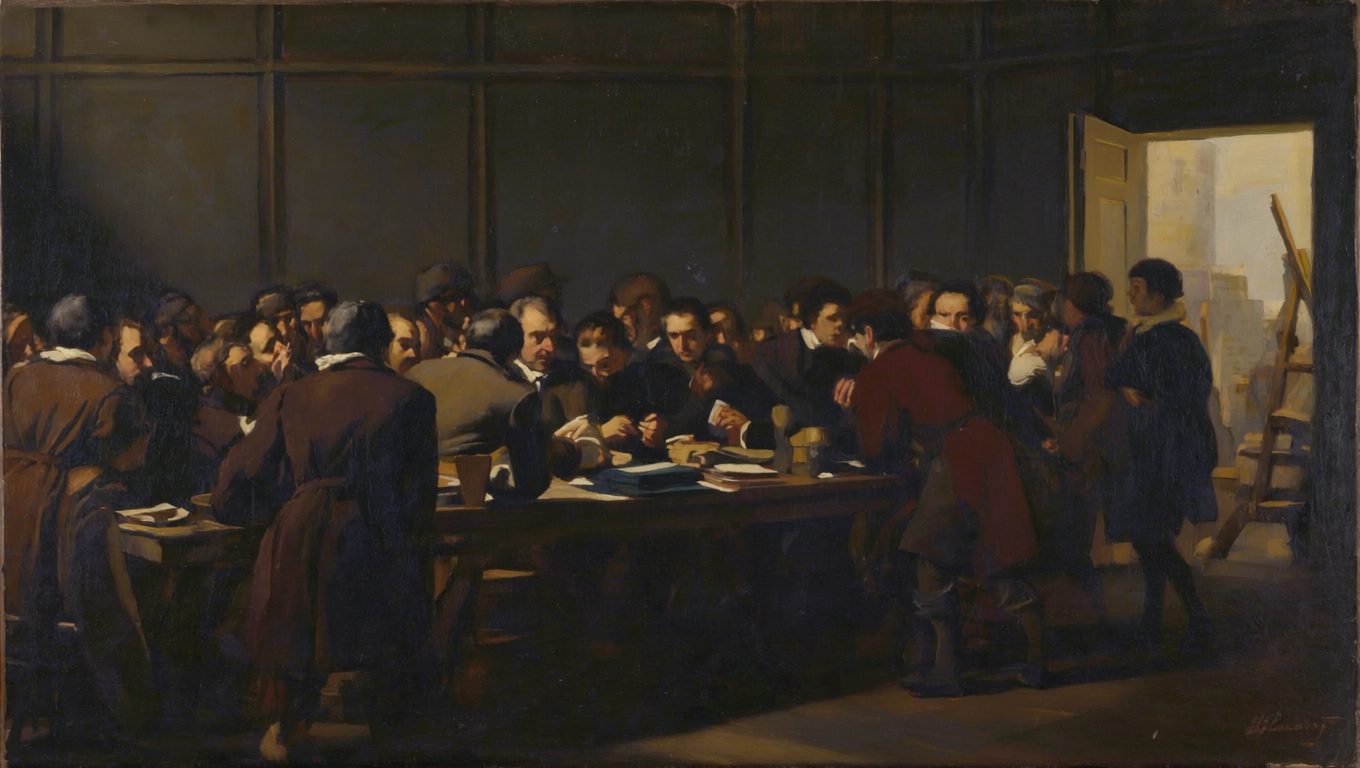 a long table crowded with men caught mid-argument in a dim panelled room, and behind them an open door onto an unlit workshop where nothing has been touched